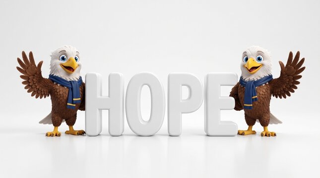 Two Cartoon Bald Eagles Standing Proudly Beside Three Dimensional White Letters Forming The Word Hope Isolated On White Background