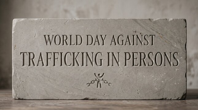 World Day Against Trafficking in Persons engraved text on a stone plaque