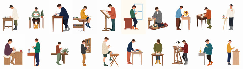 Obraz premium Set of illustrations featuring men engaged in various writing, letter crafting, and stationery activities in a cozy indoor setting.