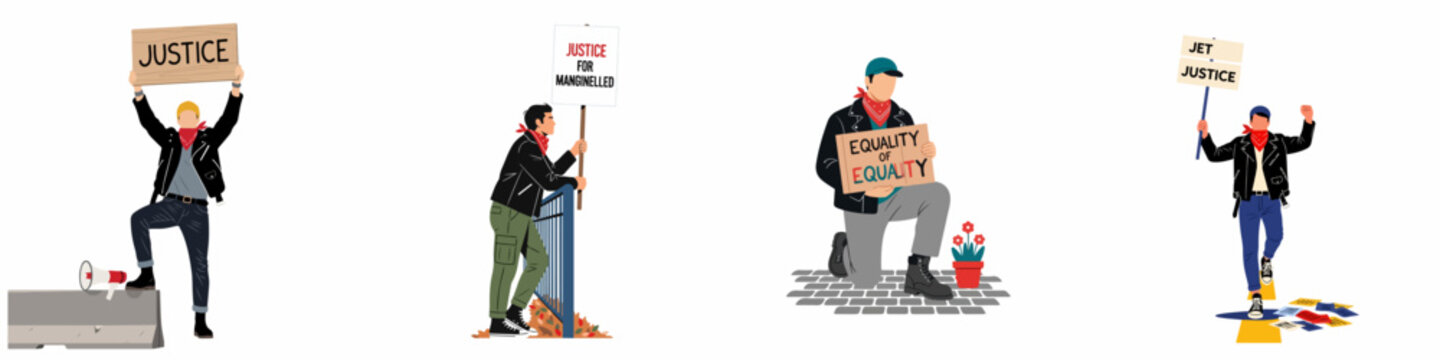 Collection of diverse male activists holding protest signs for justice and equality, wearing black leather jackets and red bandanas in flat vector style.
