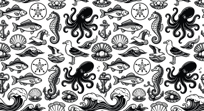 Seamless nautical pattern featuring black and white vector illustrations of sea life, including octopuses, seahorses, seagulls, fish, anchors, pearls in clams, sand dollars, and ocean waves.