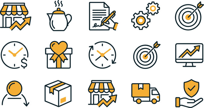 Vector linear color icon set of franchise retail business management financial marketing strategy commercial contract logistics and corporate goal concepts featuring store