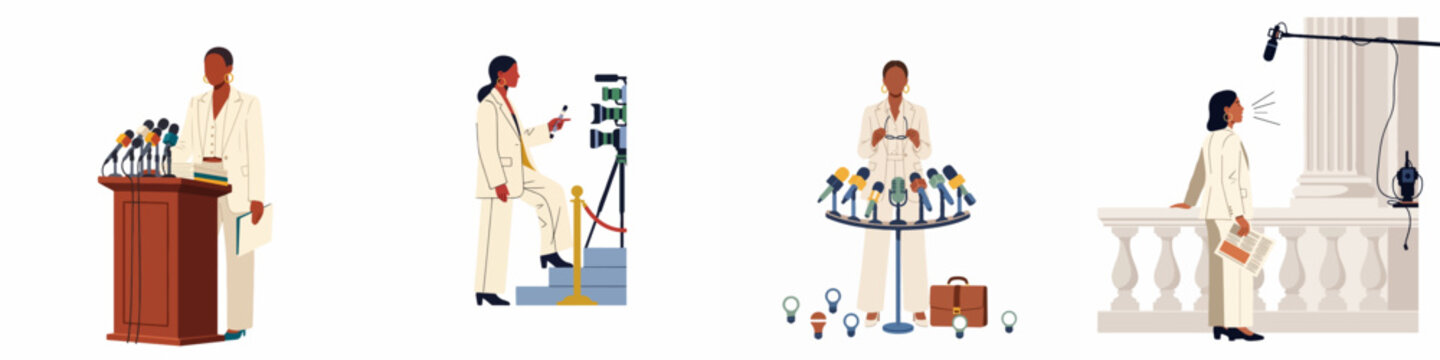 Collection of flat vector illustrations depicting a professional woman in a white suit during press conferences, interviews, and public speeches on a white background.