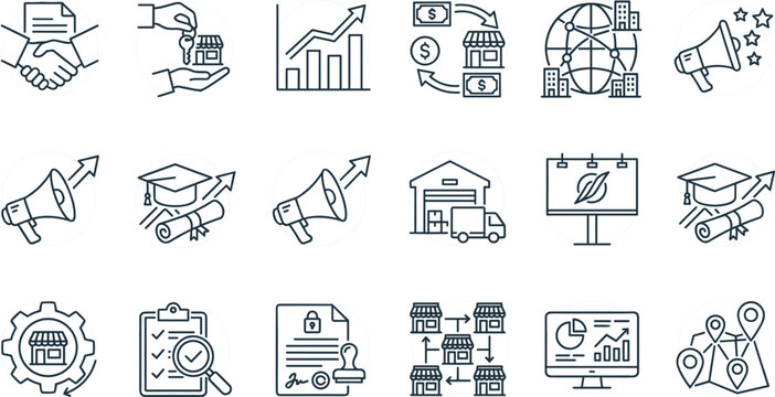 Vector linear icon set of franchise retail business management global logistics commercial marketing strategy and corporate contract concepts featuring store megaphone and billboard