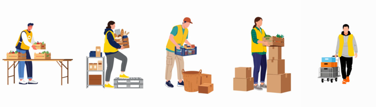 Flat illustration of diverse volunteers in yellow vests organizing and distributing food donations, groceries, and supplies at a charity food bank center.