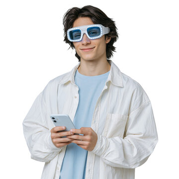 Smiling Young Man in Futuristic Light-Up Glasses Holding Smartphone and Looking at Camera isolated on transparent or white background, png