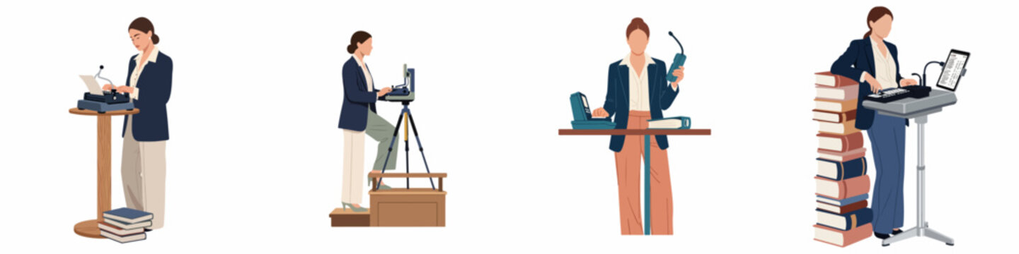 Evolution of court reporting technology through history, showing women using various stenotype machines and modern digital recording devices in a professional legal setting.