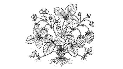 Vintage strawberry plant botanical illustration, hand drawn garden berry bush with flowers and roots, black and white line art vector engraving © Shahzad