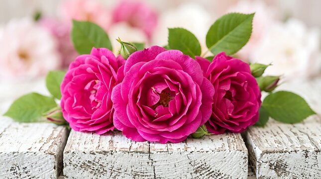 Beautiful pink roses on a rustic white wooden background, these fresh blooming pink roses are perfect for romantic greeting cards and wedding invitations featuring elegant pink roses.