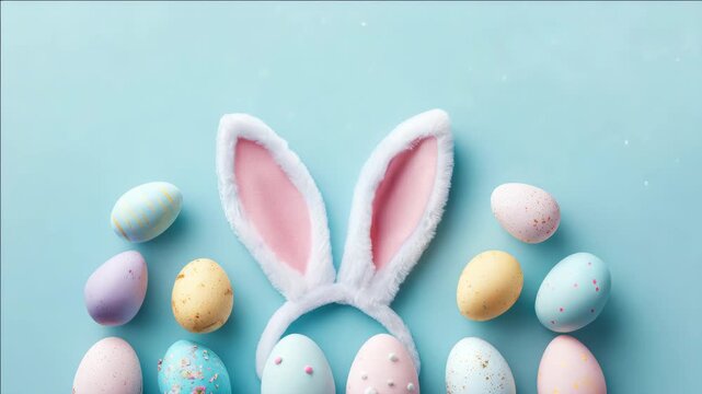 An adorable pink bunny with fluffy ears standing next to a cluster of multi-colored eggs on a white background. Perfect for festive holiday celebrations.