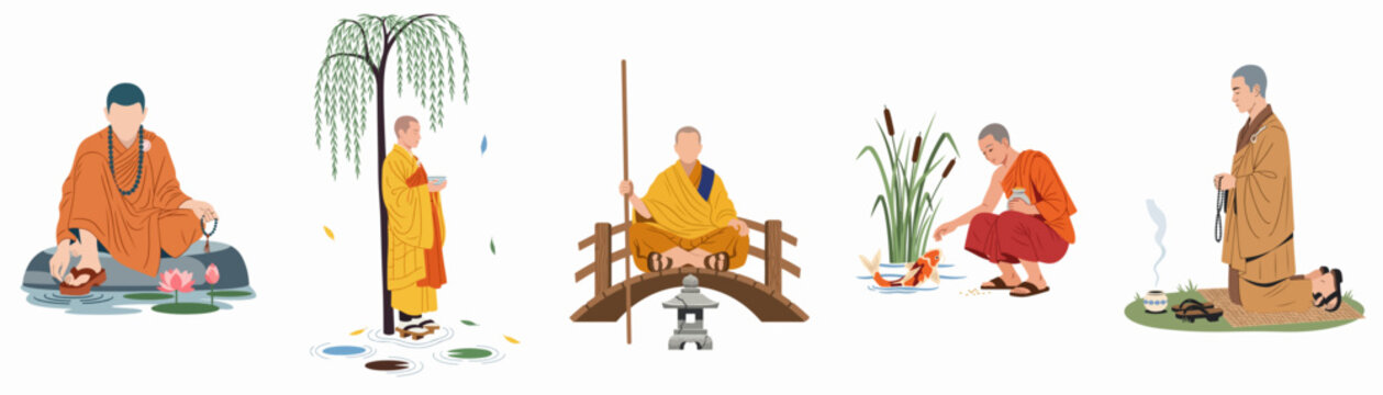 Collection of minimalist flat illustrations featuring Buddhist monks in various mindful activities like meditating, praying, and feeding koi fish in nature.