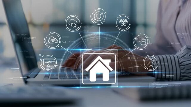Businesswoman in futuristic office evaluating property value growth analysis supported by digital housing market analytics, capital appreciation forecasting and real estate investment performance