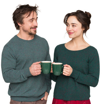 Happy Young Couple in Green Sweaters Holding Mugs and Looking at Each Other isolated on transparent or white background, png