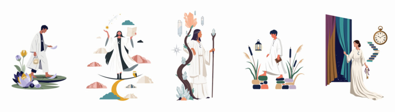 Set of five mystical illustrations featuring characters in white robes exploring spiritual and esoteric worlds through magic, crystals, lanterns, and symbolic objects