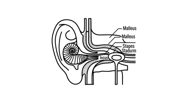 Anatomy of the human ear, showing the ossicles: malleus, incus, and stapes