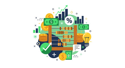Fototapeta premium Financial Accounting and Money Management Concept with Abacus, Coins, and Charts