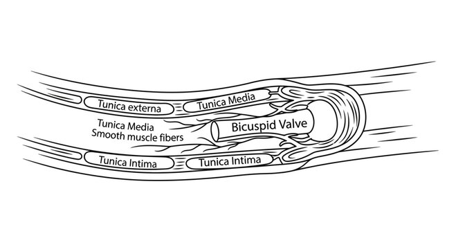 Anatomical illustration of a bicuspid valve in a blood vessel cross-section
