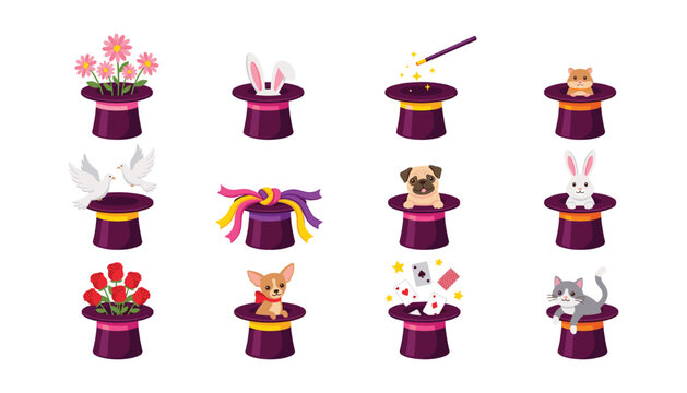 Magical illusion tricks set featuring purple top hats with rabbit doves cards flowers wand dog and cat cartoon characters vector illustration