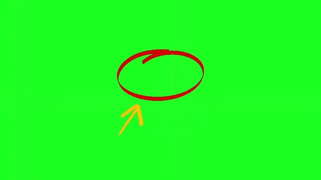 A red circle with a yellow arrow pointing to the bottom on a green background