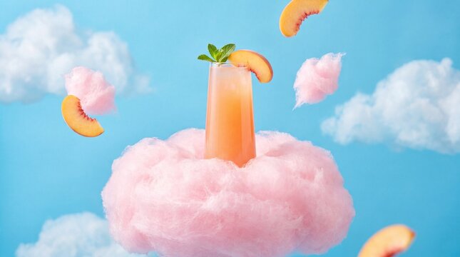 A refreshing peach drink with mint and a peach slice sits on a fluffy pink cotton candy cloud, surrounded by floating peach slices and white clouds against a bright blue sky.