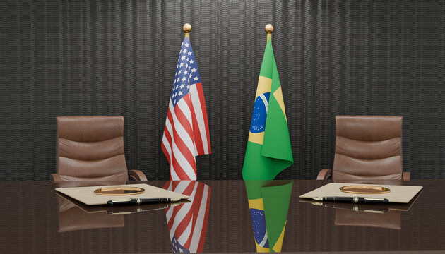 Diplomatic Meeting: The American and Brazilian flags stand tall on either side of a polished table, symbolizing international relations and diplomatic discussions in a formal meeting room.