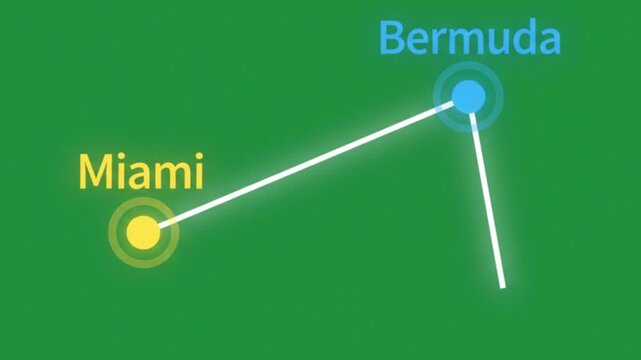 Graphic map path connecting miami and bermuda on green background