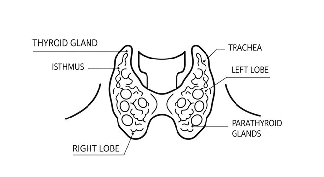 Anatomical illustration of the human thyroid and parathyroid glands, showing lobes and trachea