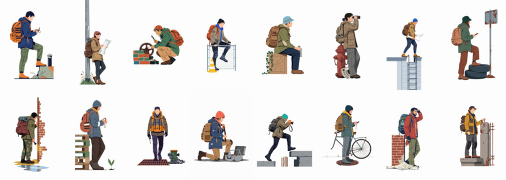 Set of diverse urban explorers and adventurers with backpacks engaged in various activities like navigating, photographing, and exploring ruins on a white background.