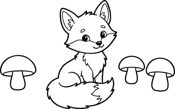 Baby fox sitting with mushrooms