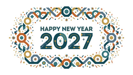 Happy New Year 2027 Celebration: A festive and ornate border frames the year 2027 and the greeting Happy New Year amidst a shower of colorful confetti and abstract geometric patterns. © Ajhar234