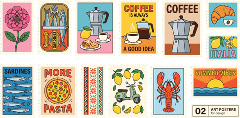 Set of vintage postage stamps featuring Italian travel motifs retro food illustrations and Mediterranean summer vibes © Mahsina