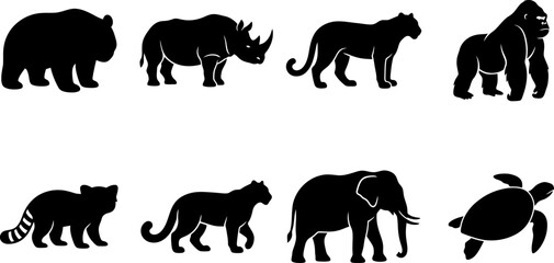 Wild Animal Silhouette Collection Featuring Bear Rhino Panther Gorilla Elephant Turtle and Exotic Wildlife Vector Set © MstSume