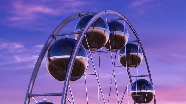 Modern Ferris wheel gondolas hanging from curved metal arches at twilight, glossy spherical pods arranged against purple pink sky with reflections and dramatic urban leisure mood