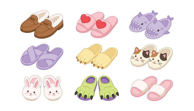 Cute cozy home slippers collection set with soft plush animal shapes shark cat rabbit and funny monster claws vector illustration