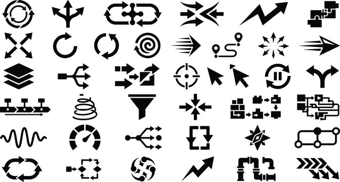 Black vector icon collection illustrating arrows, flow diagrams, cycles, funnels, pipelines, and abstract process movement concepts