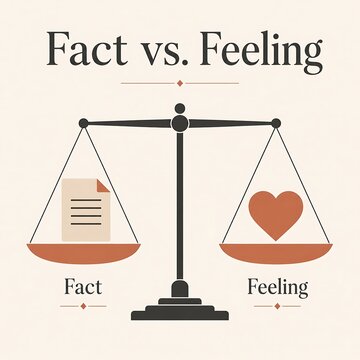 Fact vs Feeling CBT Infographic, Dialectical Behavior Therapy DBT Balance Scale on Cream Background
