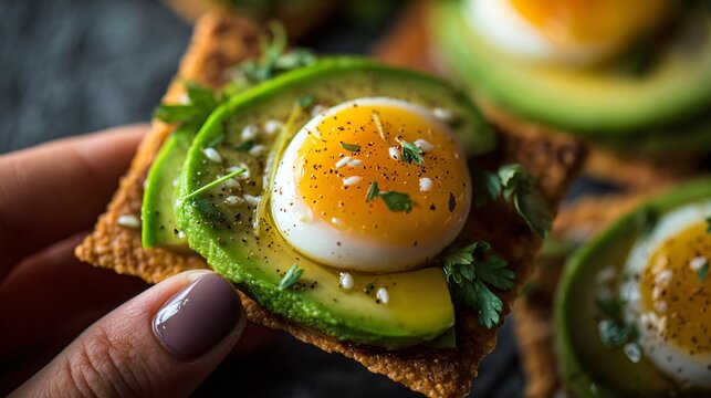 A macro flat lay of avocado slices and soft egg yolk resting on crispy tostadas with rich texture under cinematic lighting