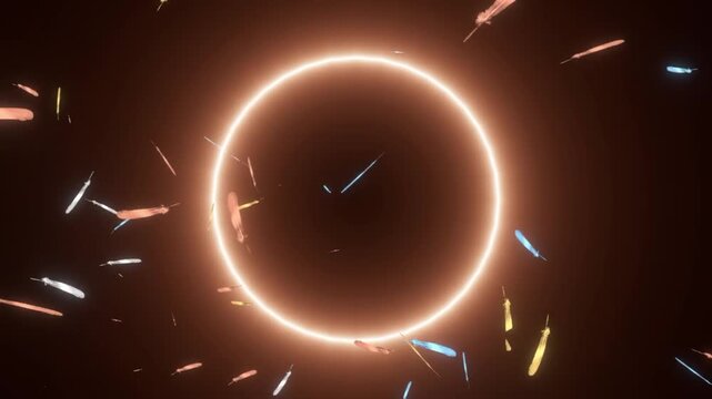 Abstract background of glowing orange neon ring and soft pastel feathers flying