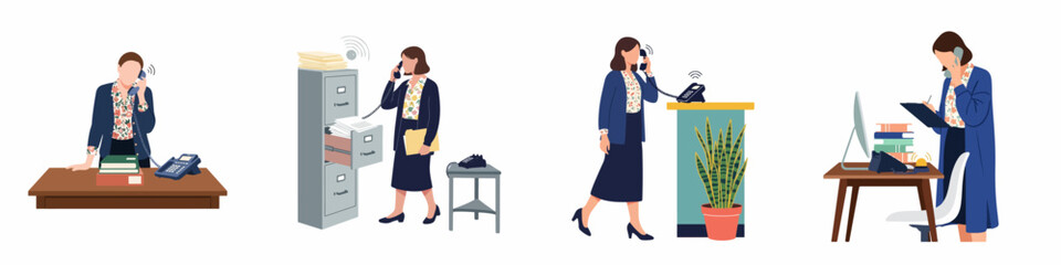 Fototapeta premium Set of illustrations depicting a busy businesswoman multi-tasking and talking on the telephone in various office settings like desk and filing cabinets.