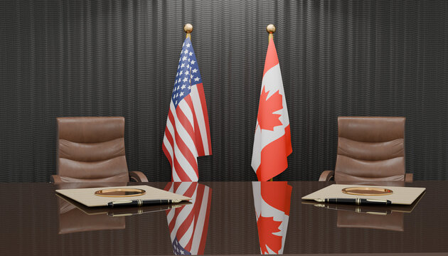 Diplomatic Meeting: Two chairs are set facing each other across a polished table, adorned with the national flags of the United States and Canada.