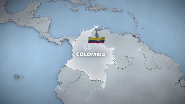 A 3D map animation highlighting Colombia, South America, featuring a national flag, a glowing border, and bold typography, perfect for a broadcast news opener or presentation backdrop.

