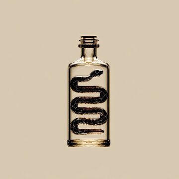 Dark Coiled Snake Inside Clear Glass Bottle on Minimal Beige Background