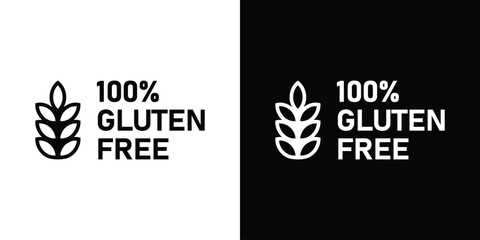 Minimalist 100% gluten free typography label with a wheat ear icon vector illustration isolated on black and white high-contrast background. © bibin
