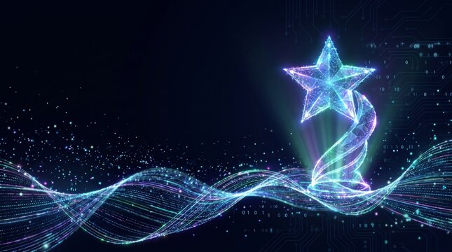 Digital holographic star award illustration, glowing polygonal trophy on abstract data wave, binary code background for tech achievement