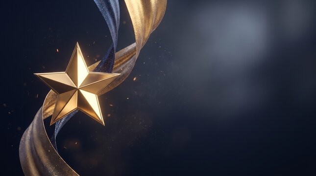 Elegant golden star with sparkling blue and gold ribbons on a dark background, ideal for awards ceremonies, corporate recognition
