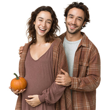 Happy Young Pregnant Couple Holding Small Pumpkin isolated on transparent or white background, png