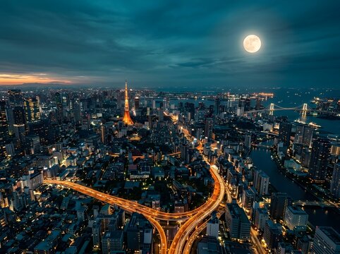 Tokyo skyline at dusk with tokyo tower and a full moon
