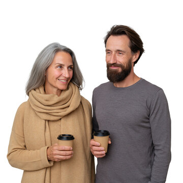 Happy Mature Couple Holding Takeaway Coffee Cups isolated on transparent or white background, png