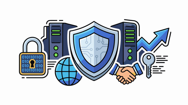 Digital security concepts servers shield binary handshake globe key graph