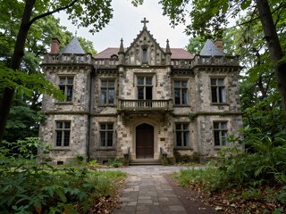 Fototapeta premium Old stone mansion building surrounded by lush green trees